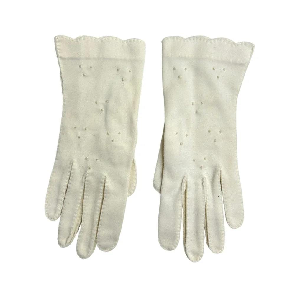 Vintage Beaded Wrist Length Gloves Small Cream Ivory Cottagecore Coquette 50s